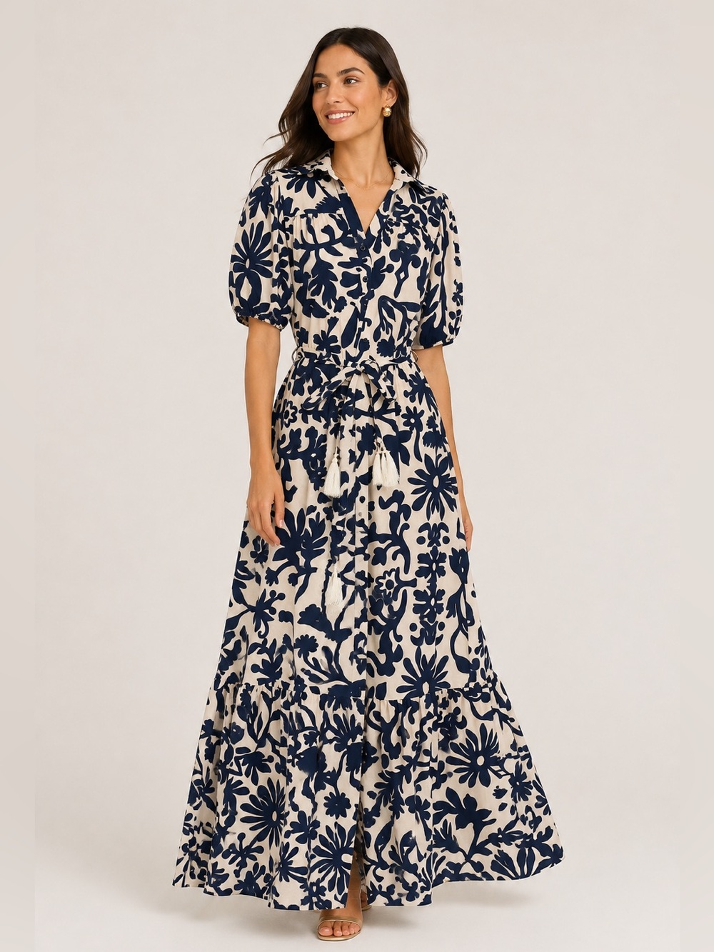 Andres Otalora Dress Size 4 Navy Cream Floral Button Front Belted Maxi